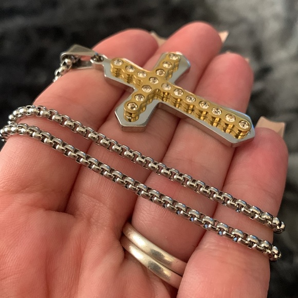 Men’s Two-Tone Cross Pendant Necklace with CZ Stones – Stainless Steel Chain - Picture 6 of 9